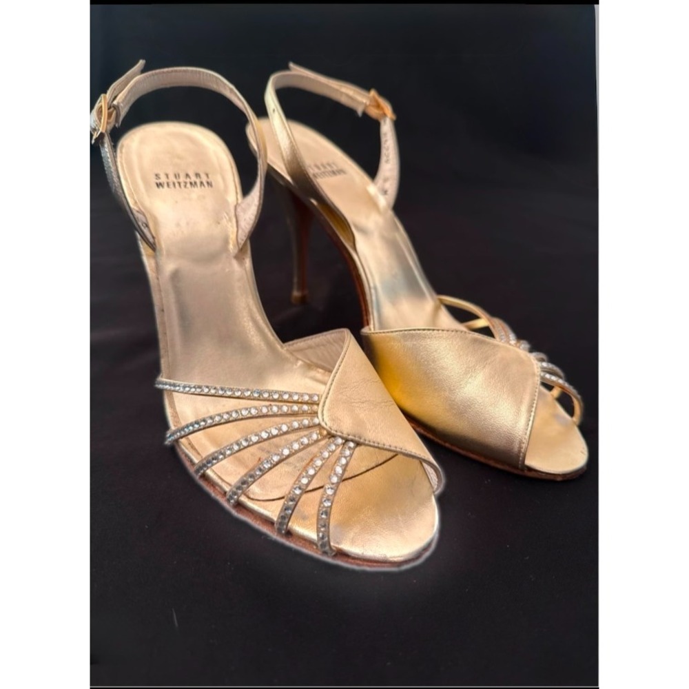 STUART WEITZMAN Metal Leather Crystal Embellished Gold Rhinestone Glam Siren 7‎